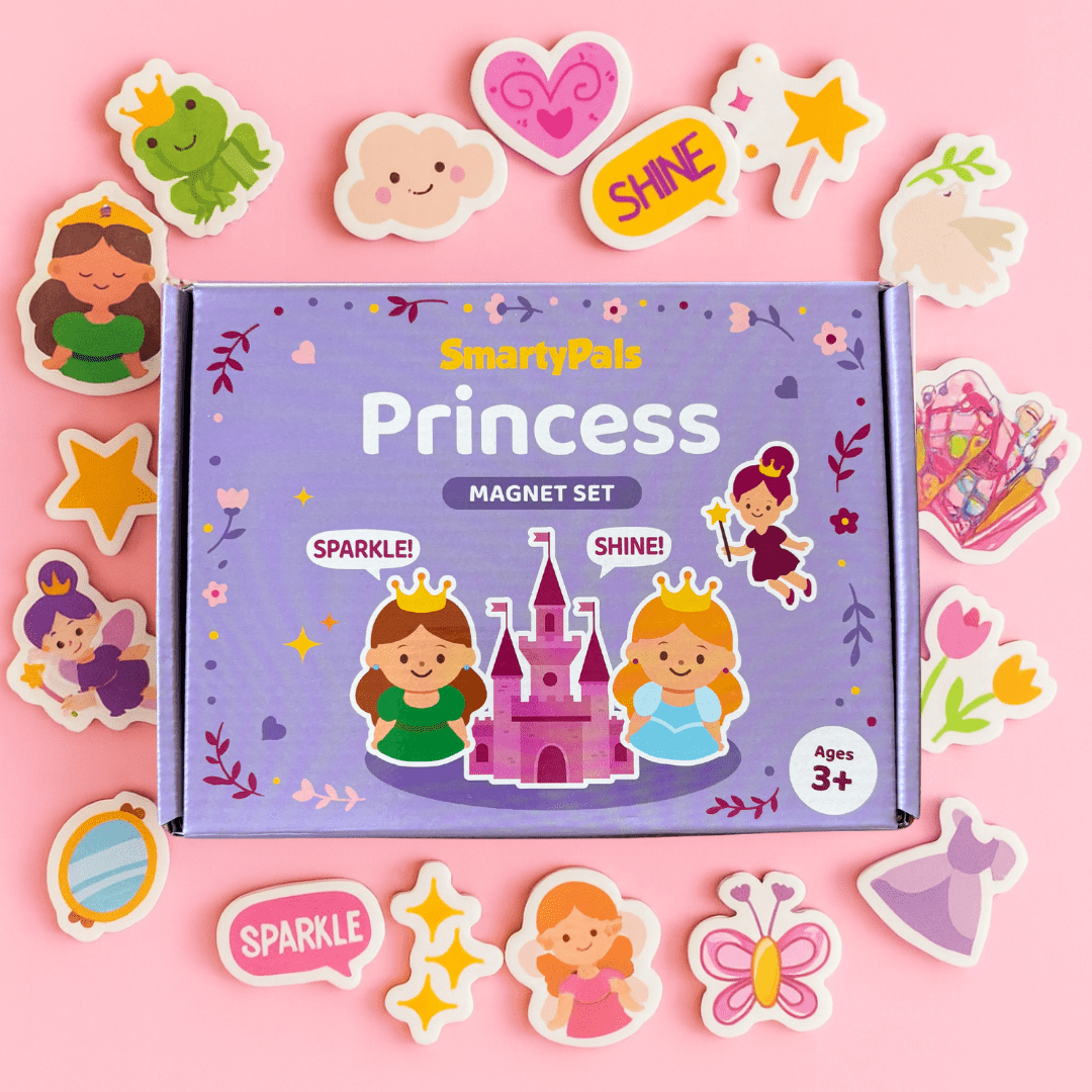SmartyPals Princess magnet set packaging with colorful princess-themed magnets on a pink background