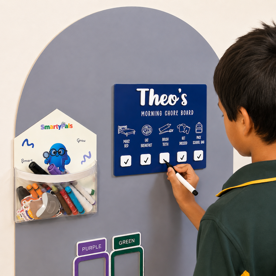 Child interacting with a chore board on a wall, with a SmartyPals product visible.