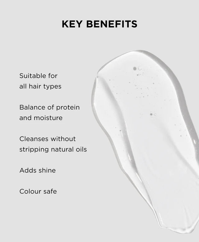 Key benefits of a hair care product on a gray background with a clear gel-like substance.