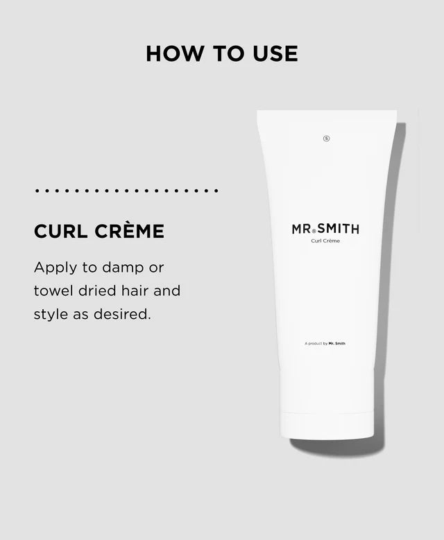 Mr. Smith Curl Crème tube with usage instructions on a gray background
