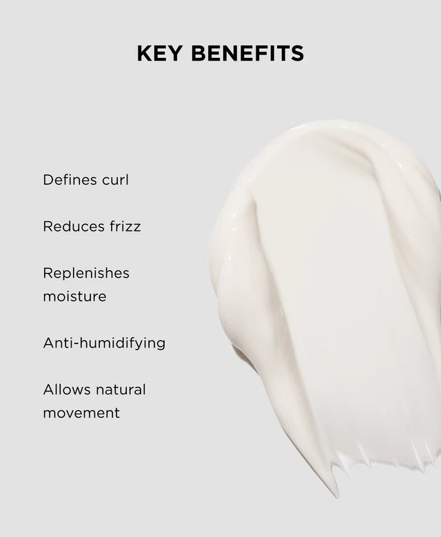 Key benefits of a hair care product with a swatch on a light gray background