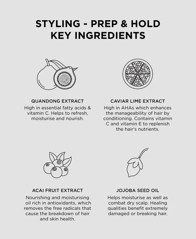 Chart detailing key ingredients for hair styling products with icons and descriptions.