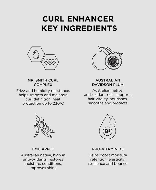 List of key ingredients for a curl enhancer on a white background