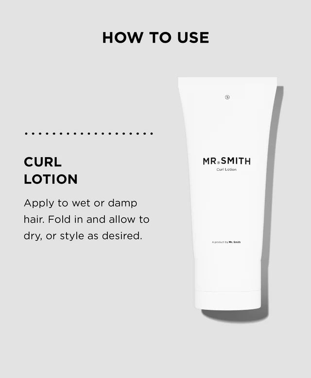 MR. SMITH Curl Lotion with usage instructions on a gray background