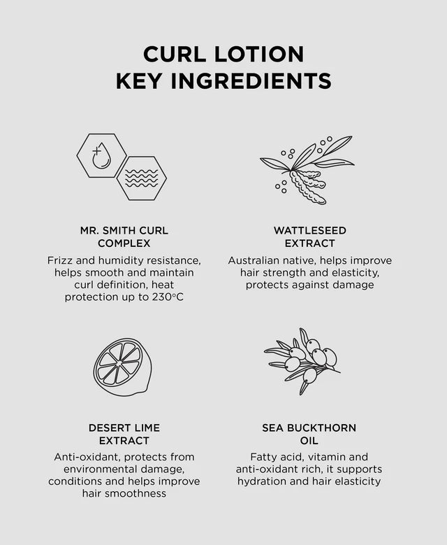 Chart detailing the key ingredients of a curl lotion with icons and descriptions.