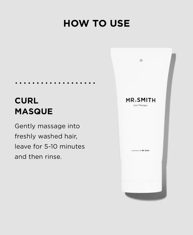 MR. SMITH Curl Masque with usage instructions on a gray background