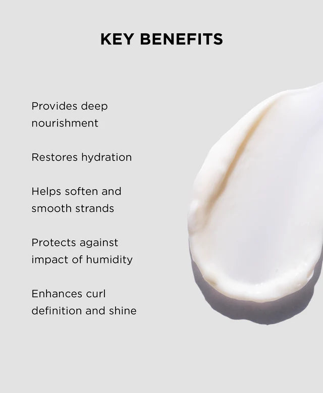 Key benefits of a hair care product with a close-up of the product on a light background.