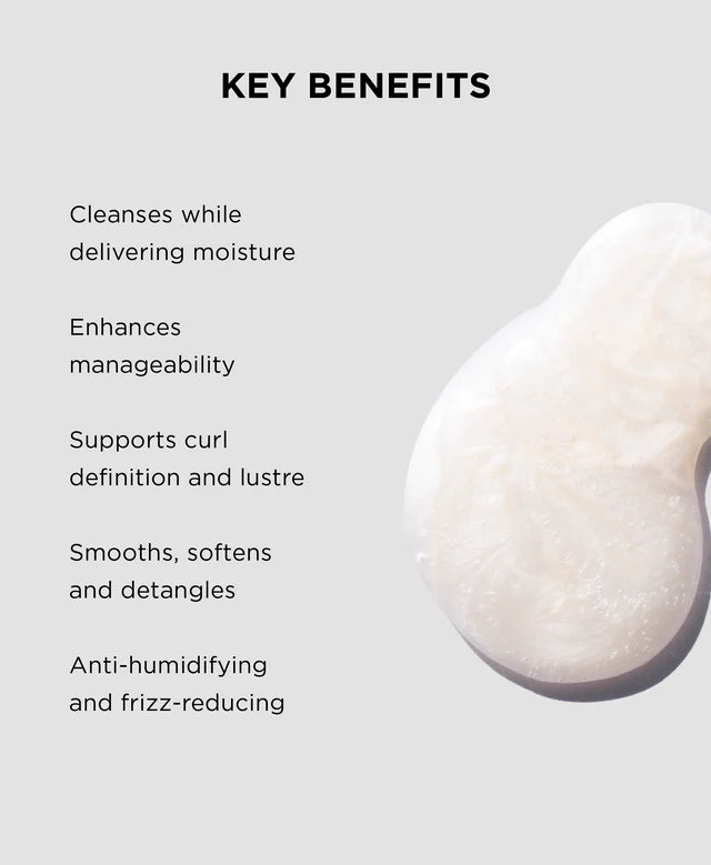 Key benefits of a hair product on a light gray background with a close-up of the product.