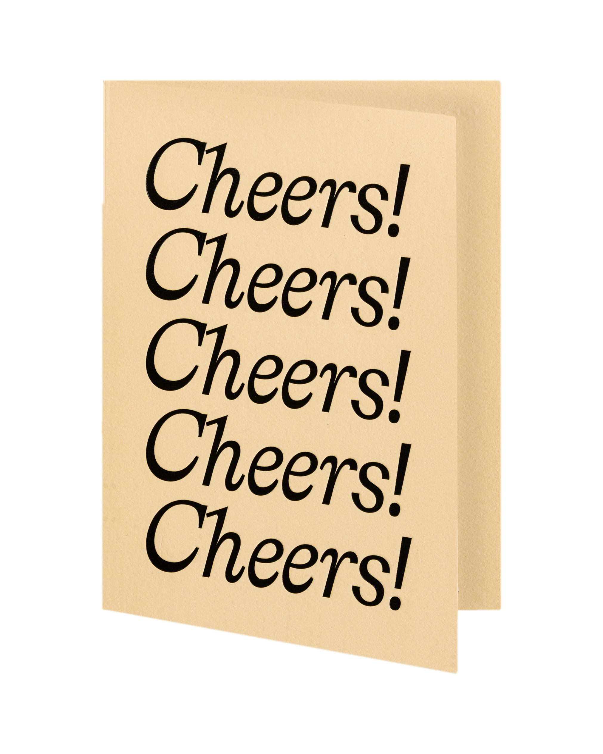Beige card with black text repeating 'Cheers!' on a white background