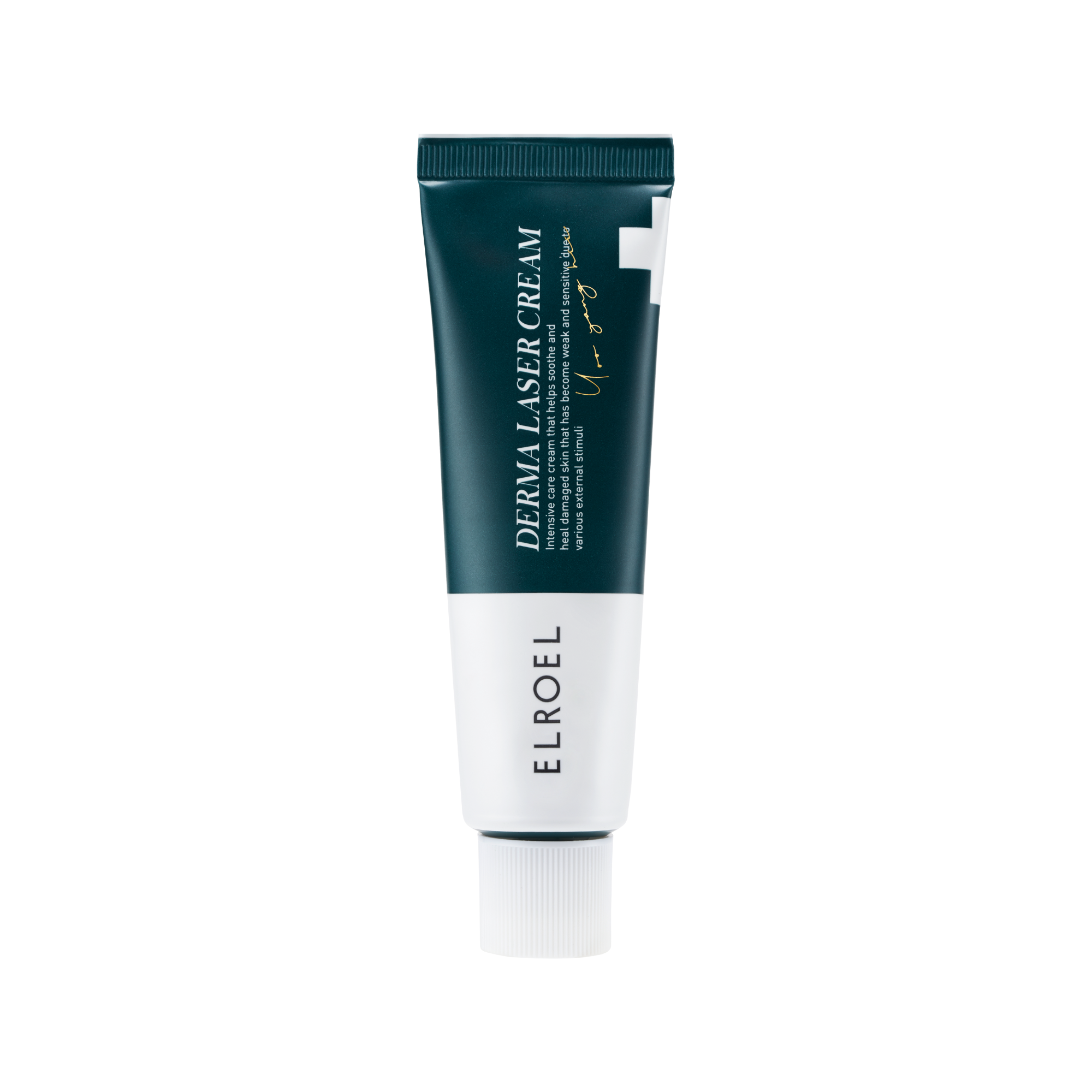 A tube of Derma Laser Cream by ELROEL with a dark teal label and white background.
