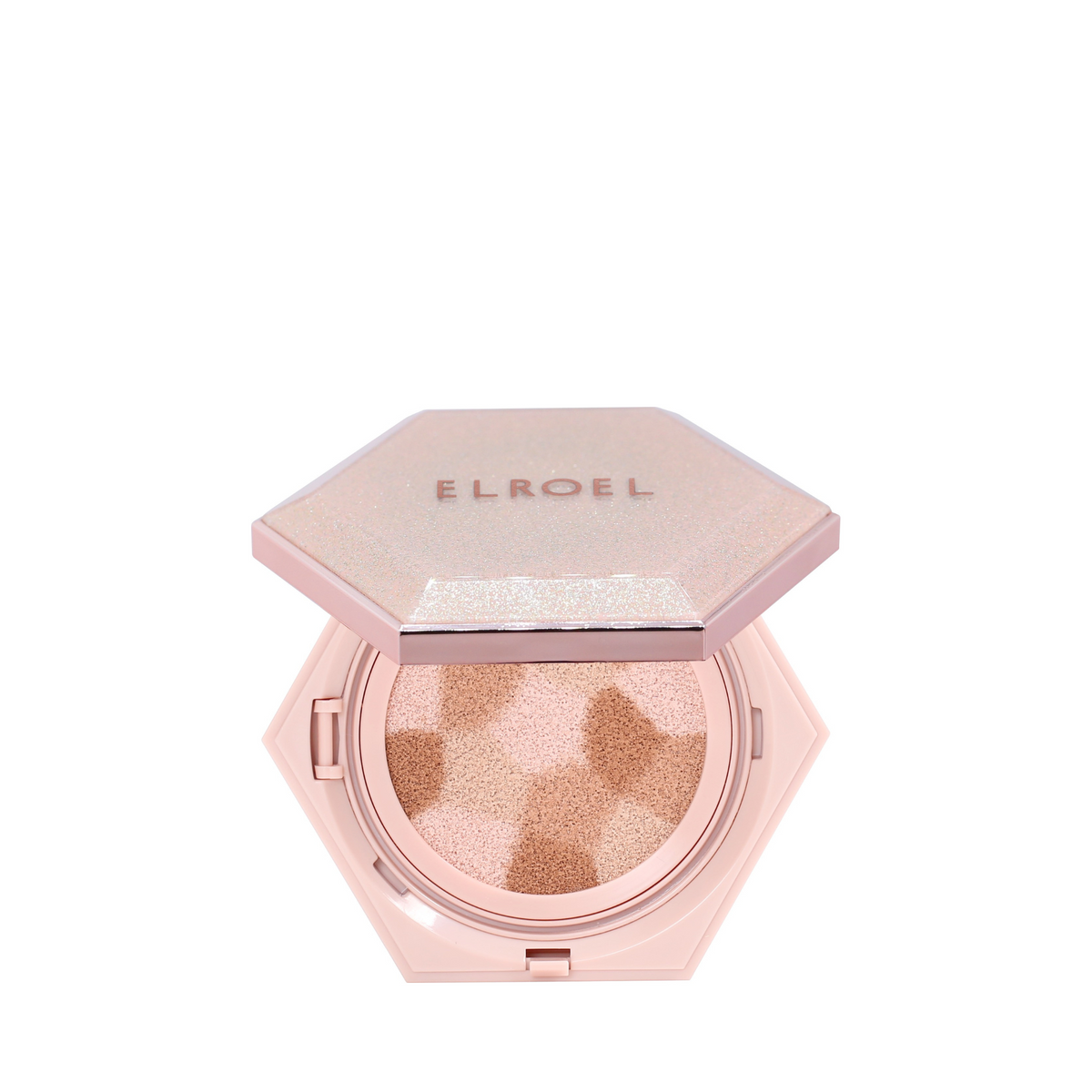 A compact cushion makeup product with a pinkish tone and multiple shades, branded as ELROEL, designed for blending and contouring.