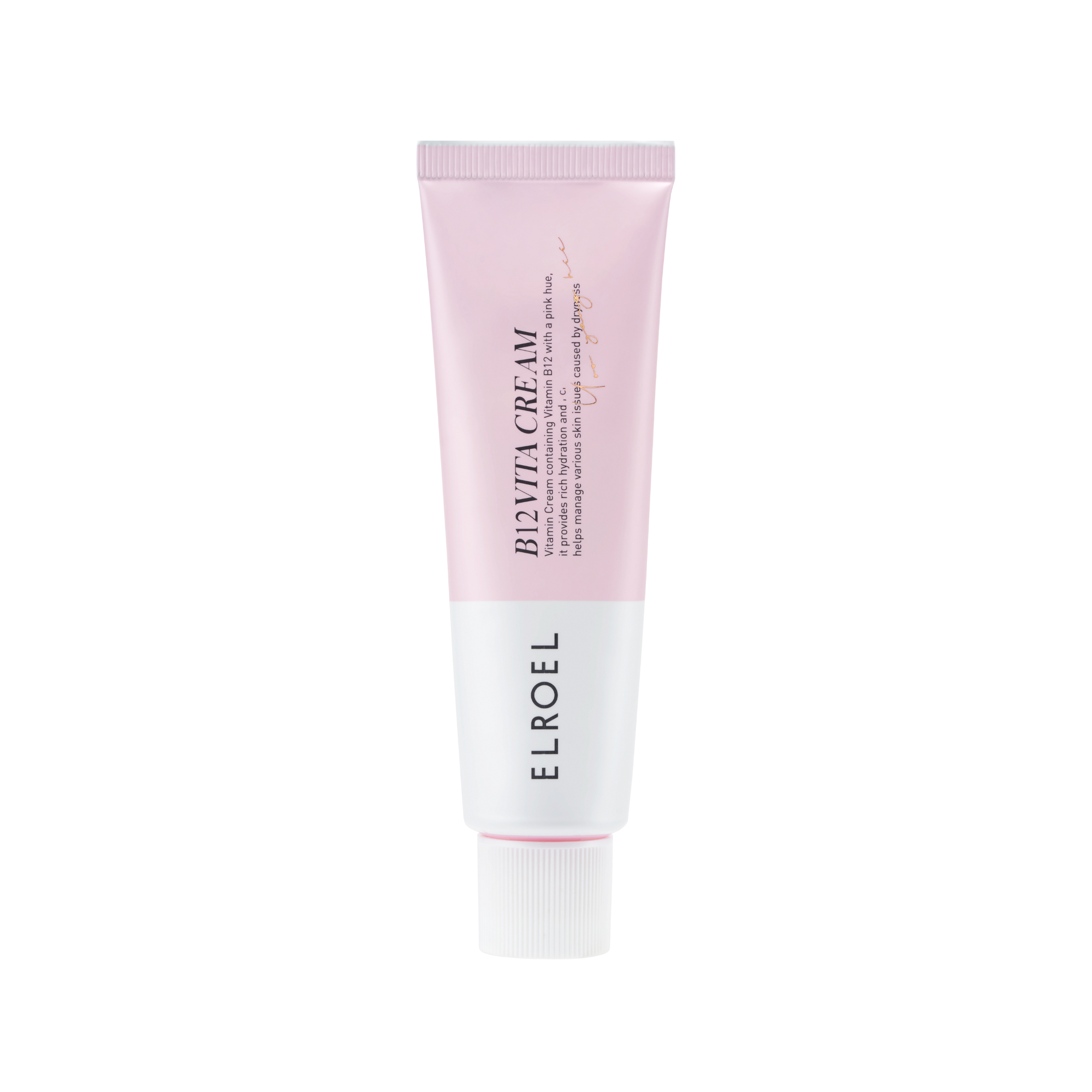 A pink tube of ELROEL B12 Vita cream moisturizer.