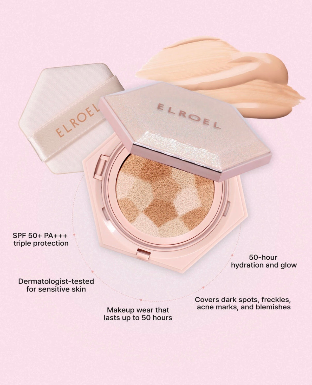 Elroel SPF 50+ PA+++ face powder in a pale pink compact with a matching hexagonal lid, shown on a light pink background with product callouts and a cream makeup smear. The compact contains a multi-shade pressed powder in beige, tan, and light brown tones.