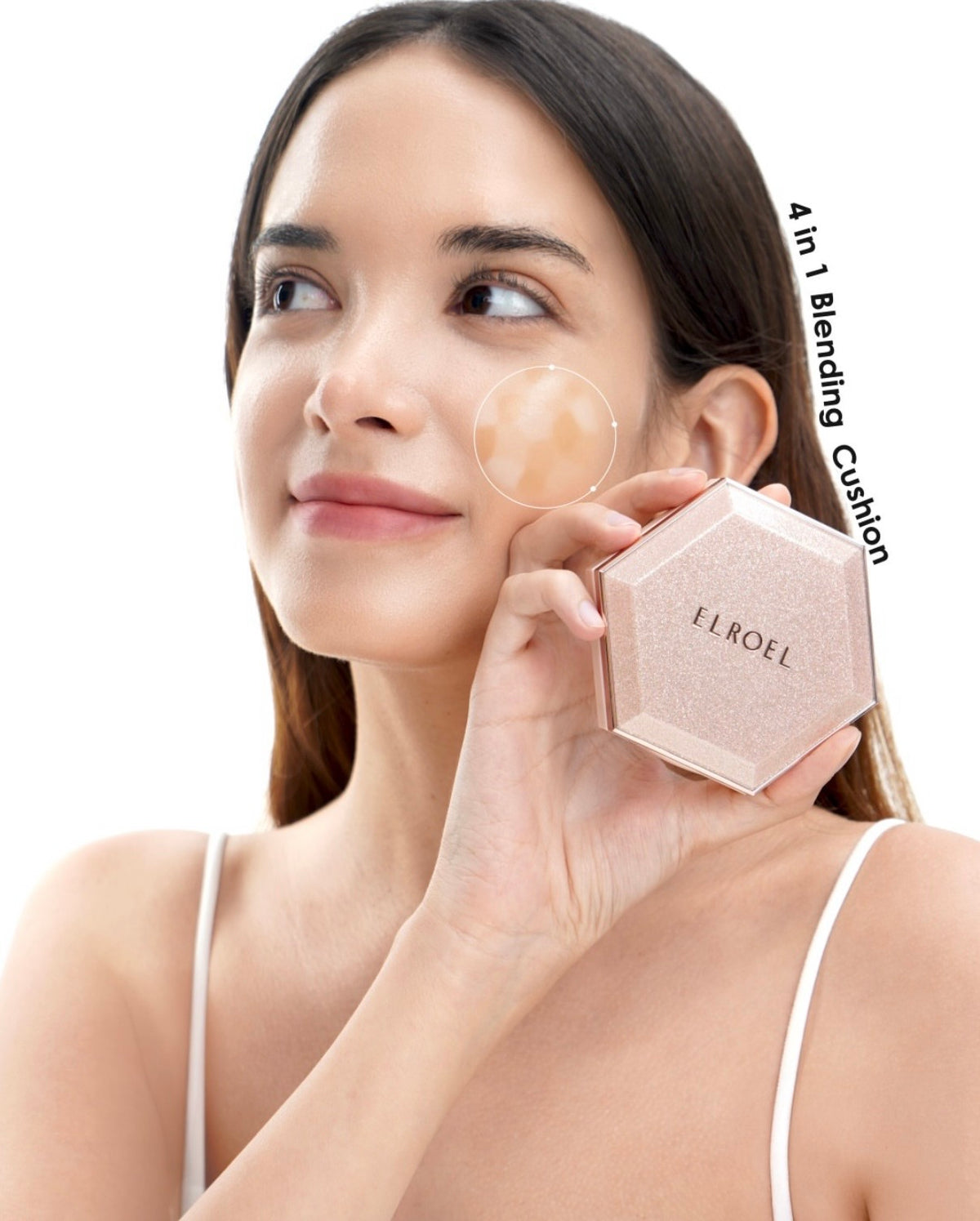 A woman holding a hexagonal ELROEL 4-in-1 Blending Cushion compact against a white background, with a circular graphic overlay showing the cushion texture.
