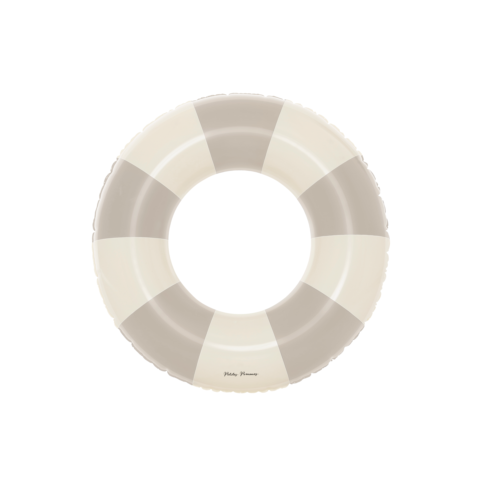 Round inflatable pool float with beige and gray striped pattern on a white background