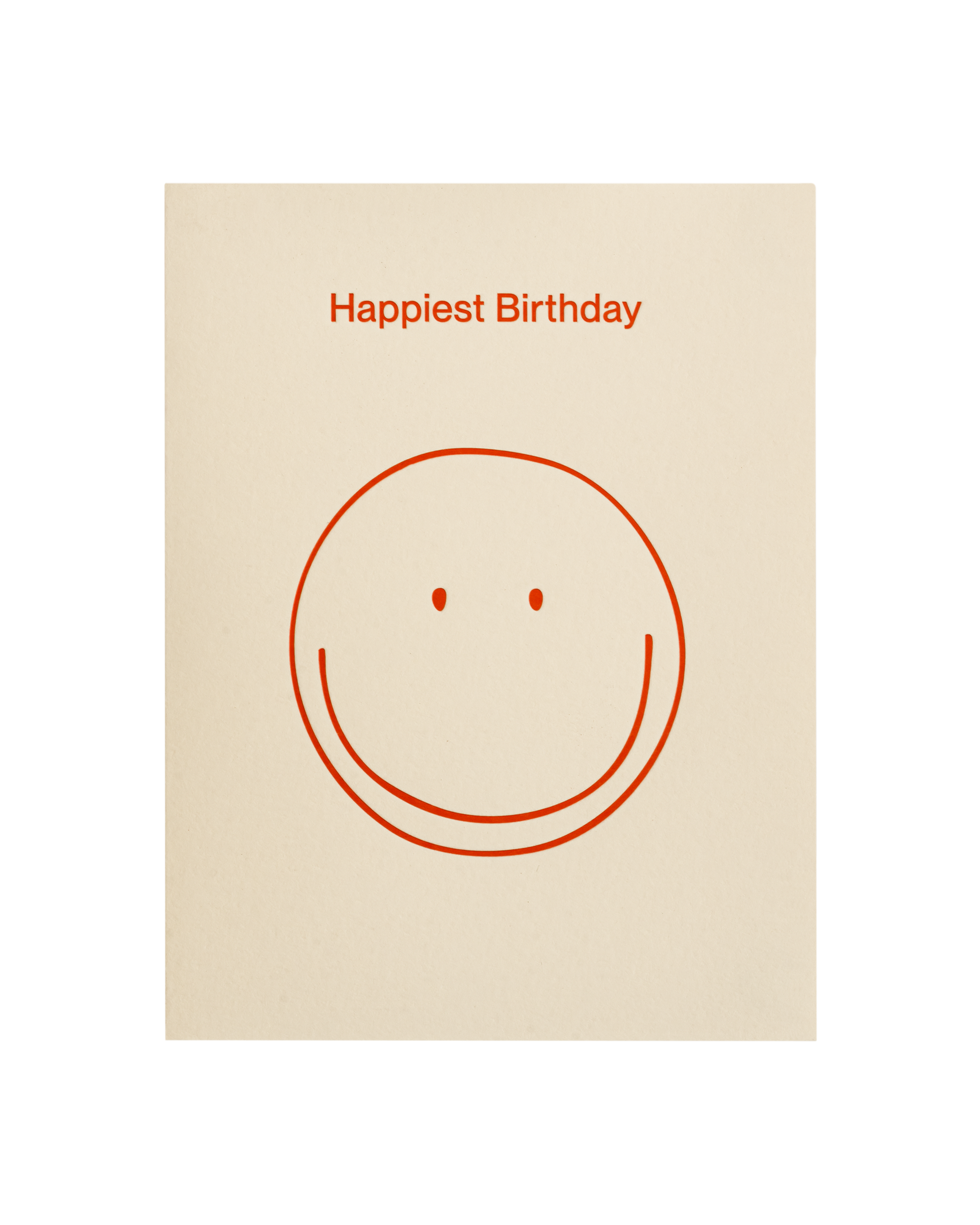 Beige birthday card with red smiley face and 'Happiest Birthday' text