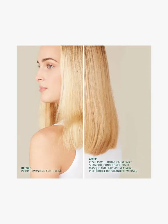Before-and-after hair care comparison showing a blonde woman's side profile and a close-up of her hair texture, with text describing results from Botanical Repel shampoo and conditioner.