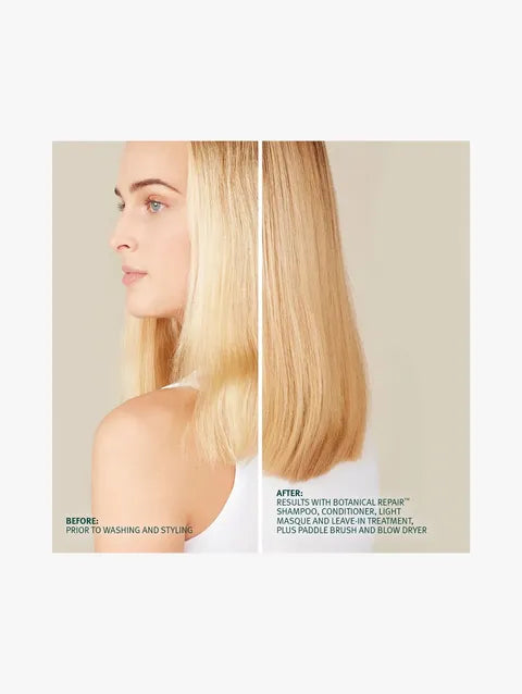 Before-and-after hair care comparison showing a blonde woman's side profile and a close-up of her hair texture, with text describing results from Botanical Repel shampoo and conditioner.