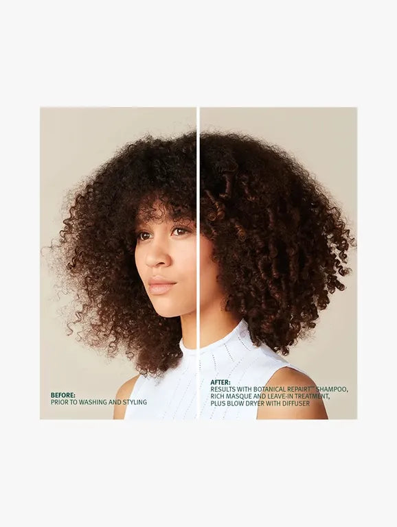 Before-and-after hair styling comparison showing a woman with voluminous dark brown curls. The left side is labeled 'BEFORE' and shows the hair in a looser, pre-styled state.