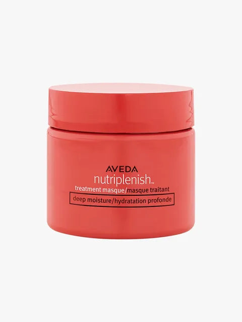 A red jar of Aveda Nutriplenish treatment masque on a light gray background.
