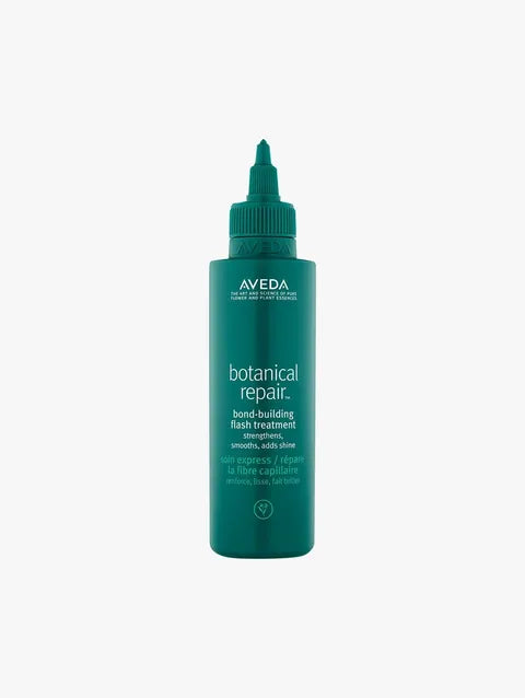 Aveva Botanical Repair Bond-Building Flash Treatment in a dark teal squeeze bottle with a pointed applicator cap, centered on a light gray background.