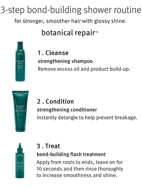 A product information graphic for a 3-step bond-building shower routine by Aveda's botanical repair line. The graphic features three teal bottles and tubes with text instructions for 'Cleanse' (strengthening shampoo), 'Condition' (strengthening conditioner), and 'Treat' (bond-building flash treatment) on a white background.