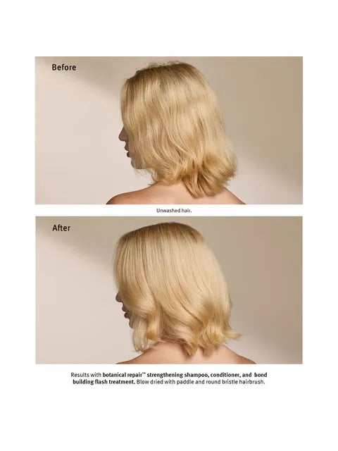 Before-and-after hair treatment results showing a woman's shoulder-length blonde hair, with the top panel labeled 'Before' and the bottom panel labeled 'After'. Text at the bottom describes botanical repair strengthening shampoo, conditioner, and bond building flash treatment.