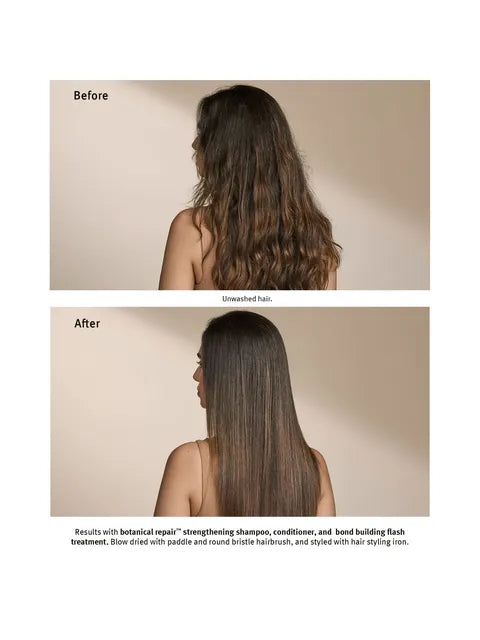 Before-and-after hair result comparison showing a woman from the back with long, wavy brown hair in the top photo and smoother, straightened brown hair in the bottom photo, with text labels 'Before' and 'After' and a short descriptive caption below.
