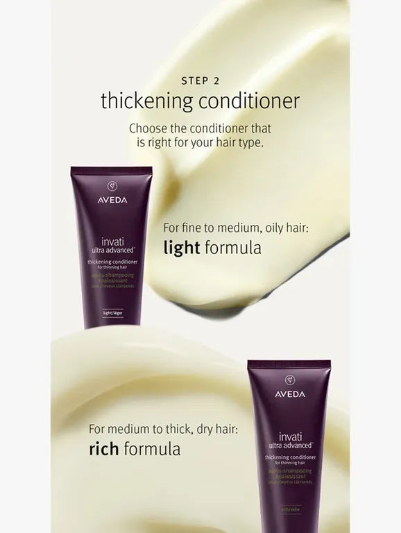 A promotional graphic for Aveda Invati Ultra Advanced Thickening Conditioner, showing two dark purple squeeze tubes labeled 'invati ultra advanced' on a light cream background with text indicating thickening conditioner options for fine, medium, and dry hair.