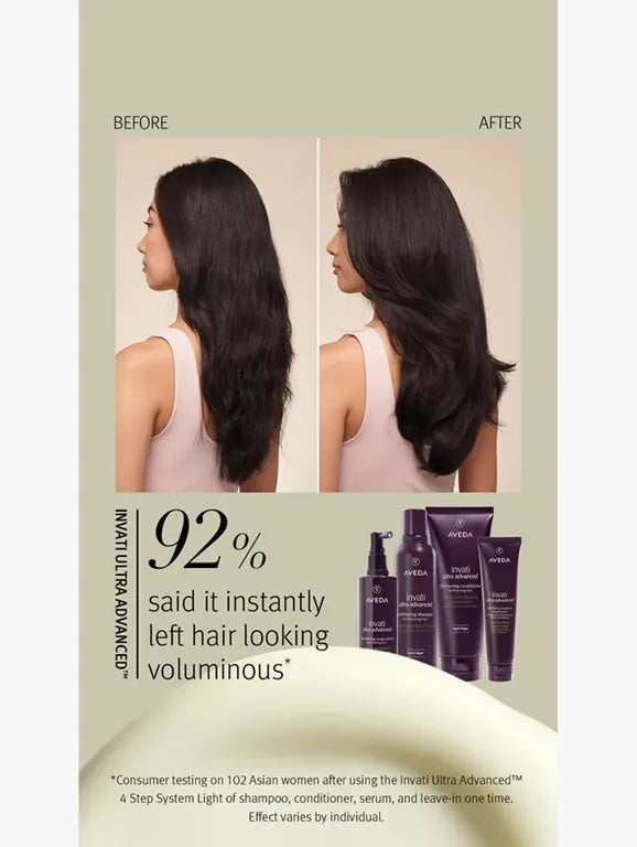 A promotional hair product graphic showing a before-and-after side-by-side comparison of a woman's long dark hair, with text reading '92% said it instantly left hair looking voluminous' and several purple Invati Ultra Advanced product tubes shown at the bottom right.