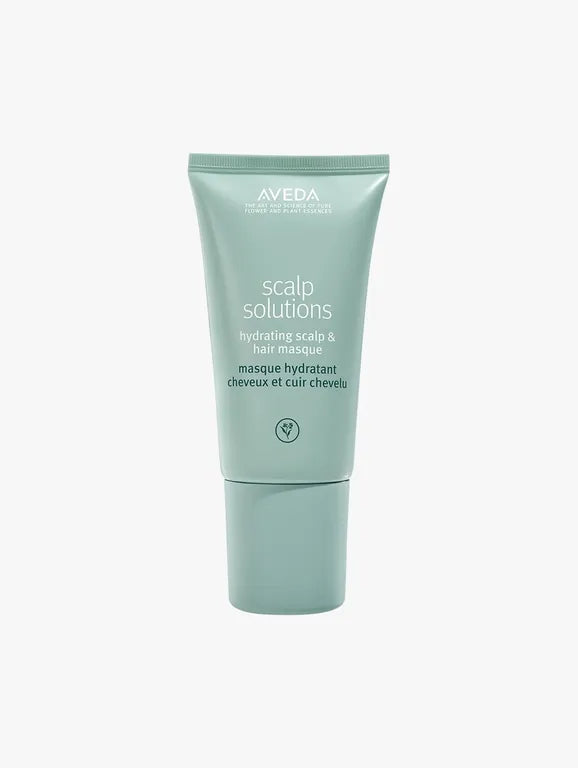 Aveeda Scalp Solutions Hydrating Scalp and Hair Mask in a mint green squeeze tube, centered on a light gray background.