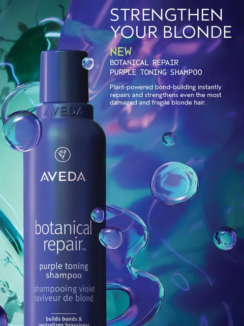 A bottle of Aveda Botanical Repair Purple Toning Shampoo shown against a vibrant purple and teal graphic background with floating bubbles and promotional text.