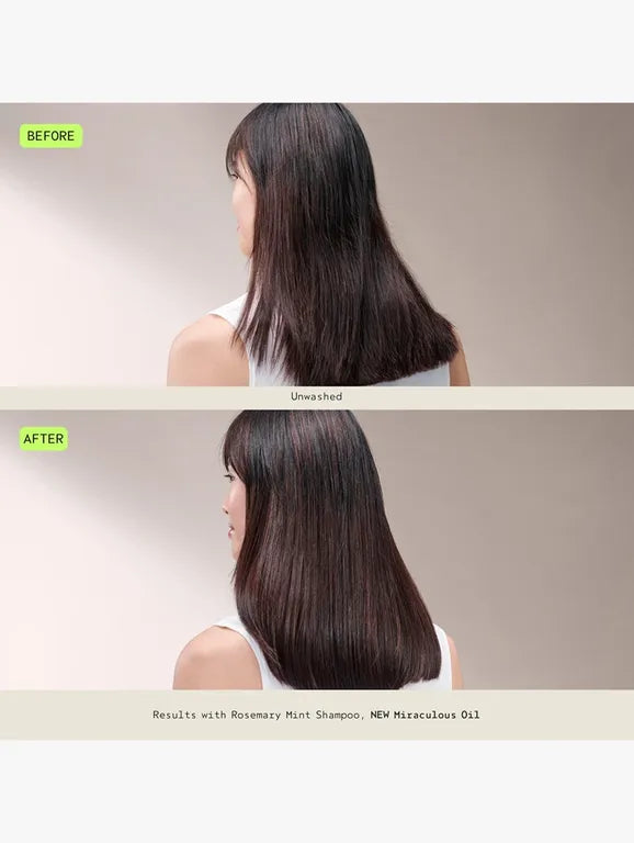 Before and after comparison of hair with a shampoo product on a neutral background