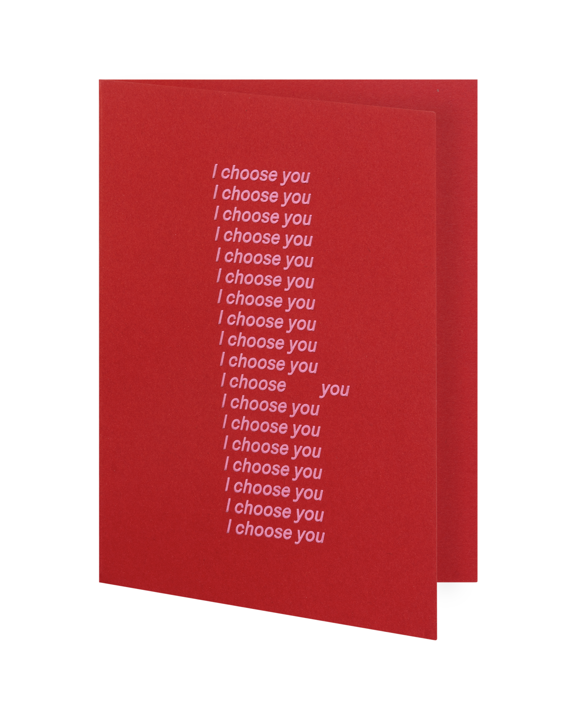 Red card with white text 'I choose you' repeated multiple times on a white background