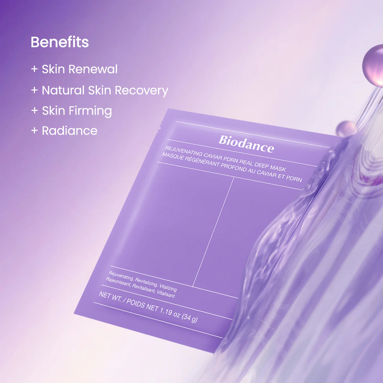 Biodance sheet mask with benefits listed on a purple gradient background