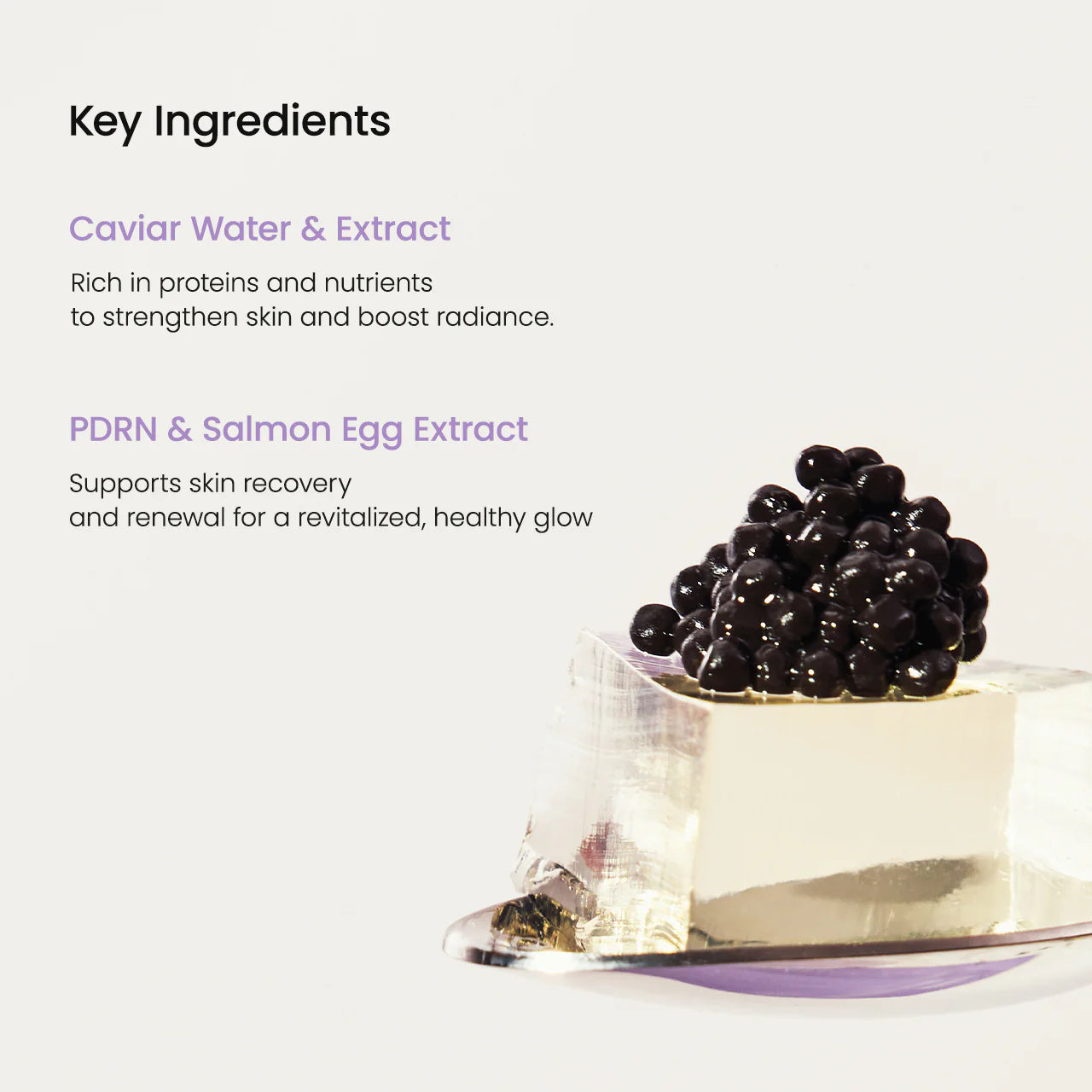 Product with caviar and text about key ingredients on a white background