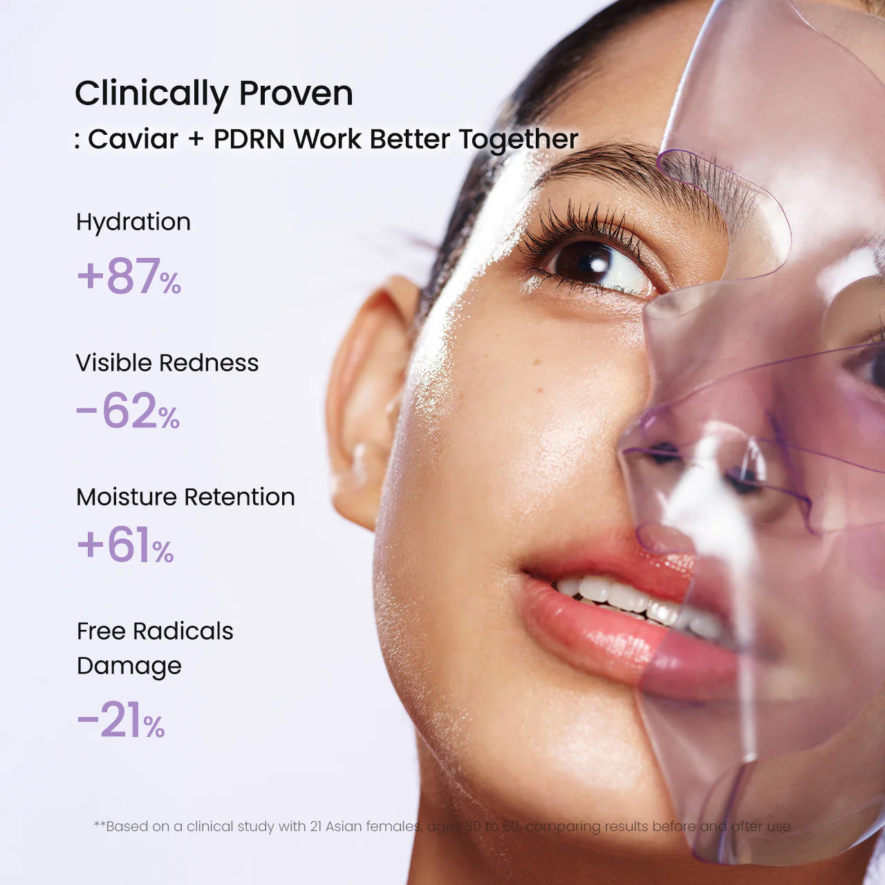 Woman using a skincare device with clinical benefits displayed on a white background