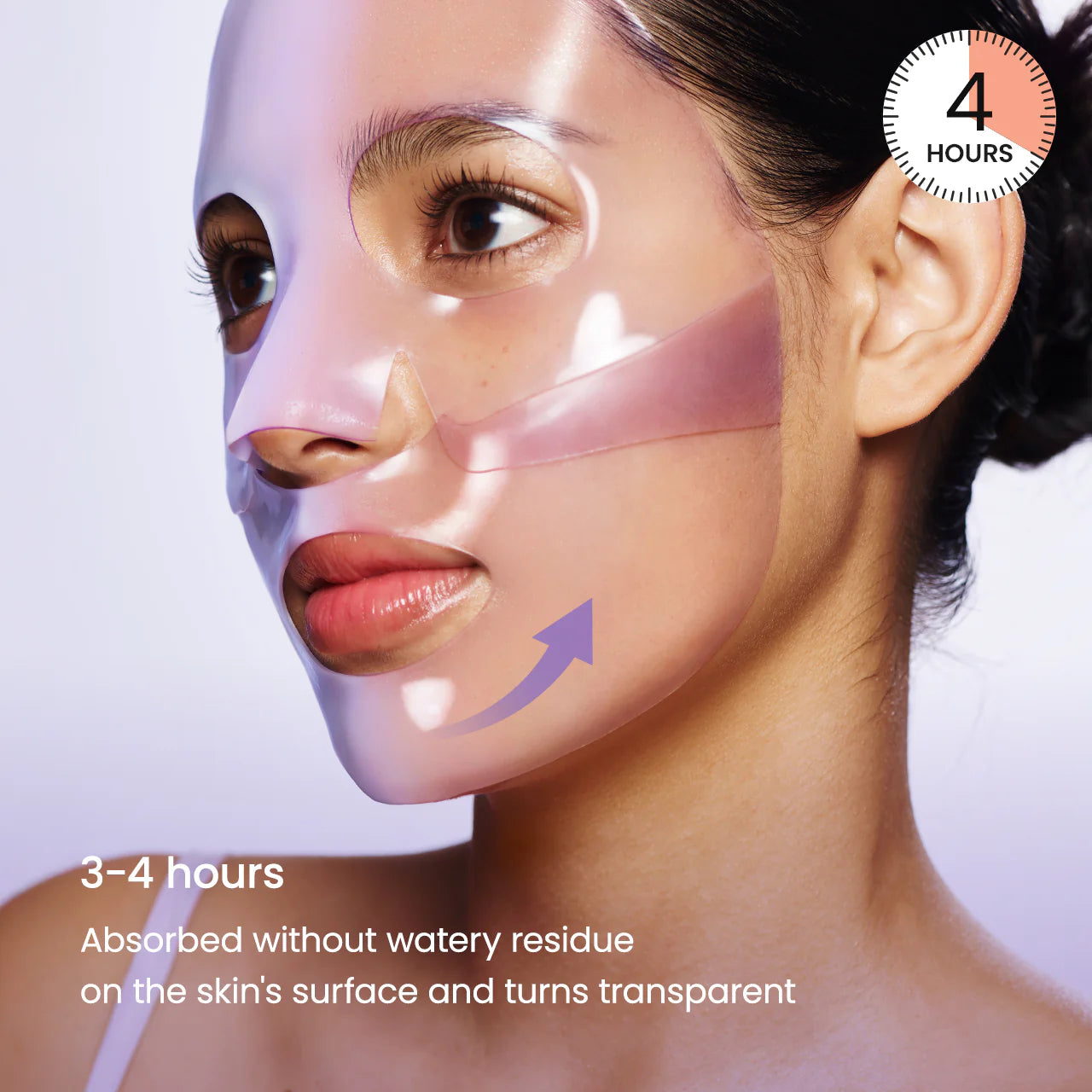 Woman's face with a skincare product applied, showing absorption on skin.