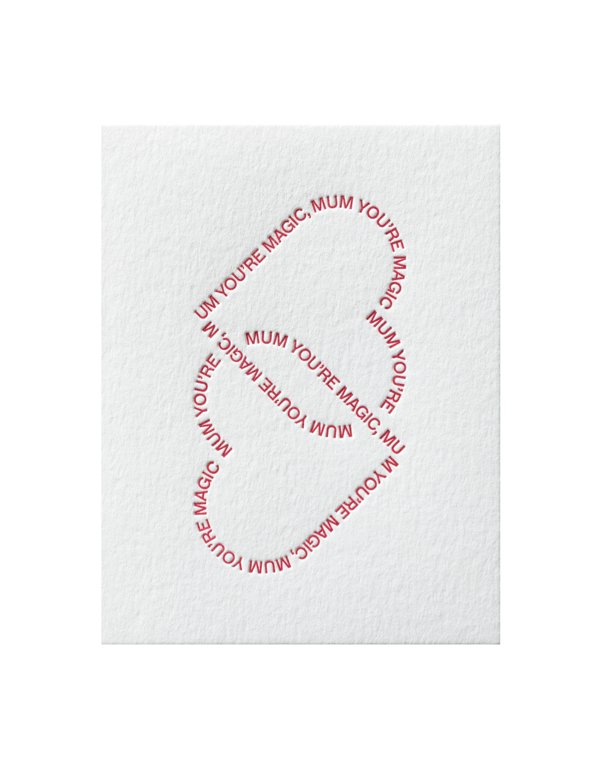 White napkin with red text 'UM YOU'RE MAGIC, MUM' in a circular pattern on a white background