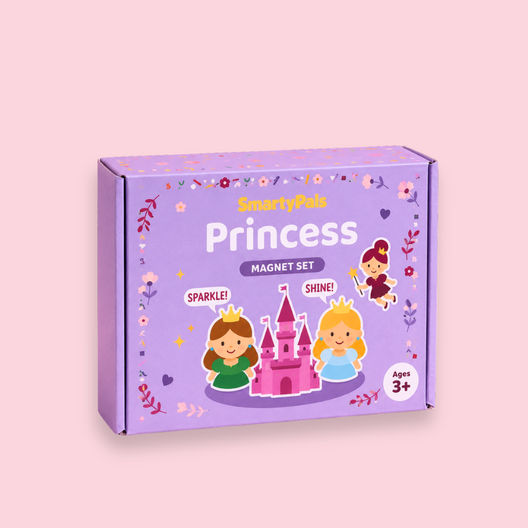 A purple box of SmartyPubs Princess Magnet Set, featuring cartoon illustrations of a castle, princesses, and stars on a light pink background.