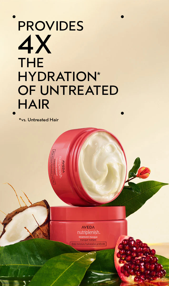 Aveda hair product with text highlighting hydration benefits on a beige background