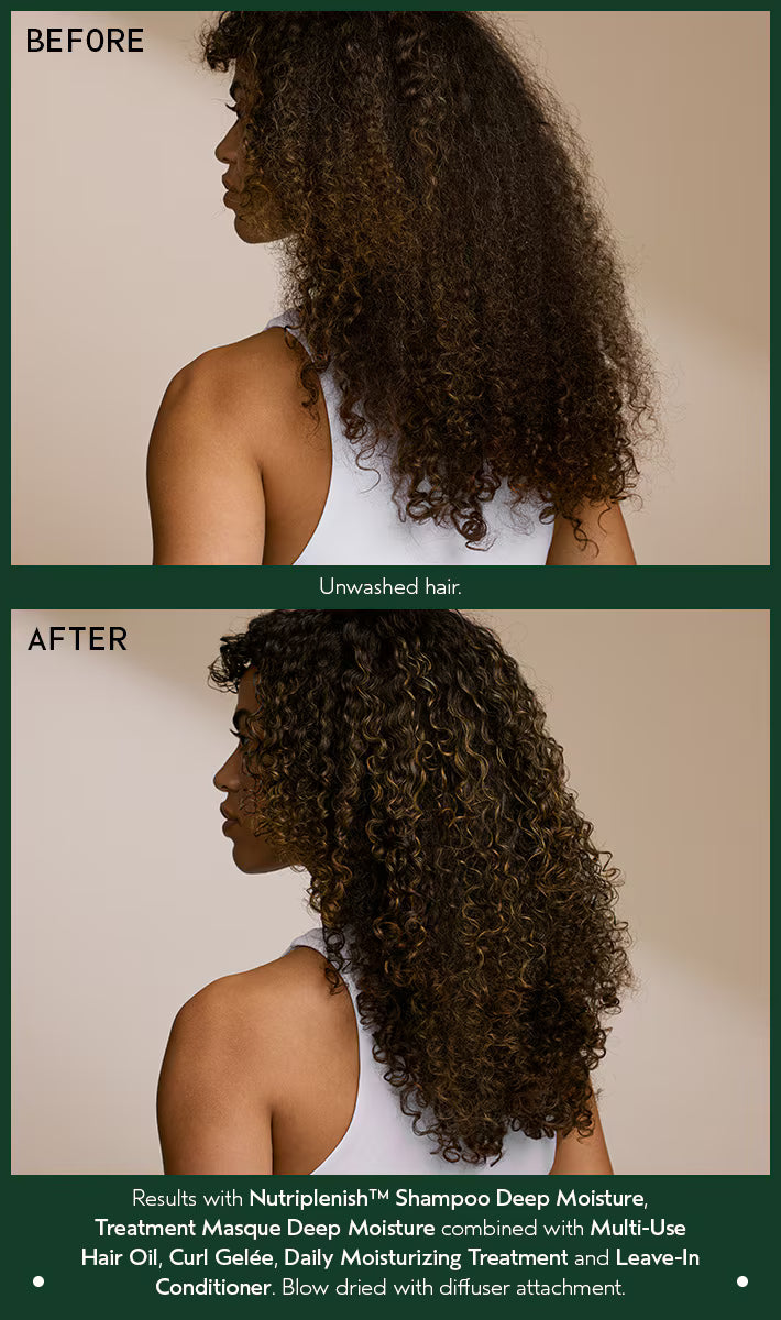 Before and after comparison of a woman's hair with Nutriplenish products on a beige background.