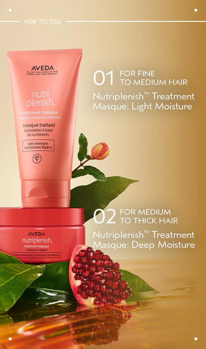 Aveda Nutriplenish Treatment Masque with pomegranate and green leaves on a beige background