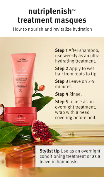 Promotional graphic for Aveda nutrienlish treatment masques, showing a pink hair treatment tube and jar with a jarred product in the background, alongside step-by-step usage instructions and a styled tip with pomegranate and leaves.