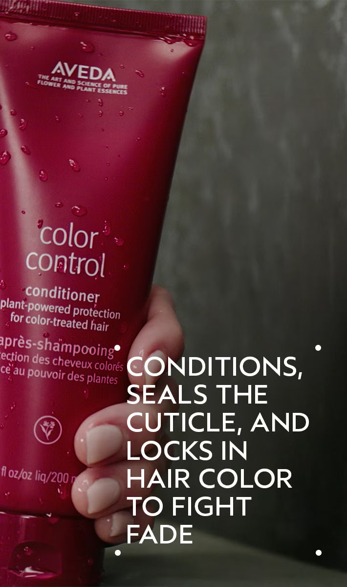 Aveda Color Control conditioner tube held by a hand with text about product benefits.