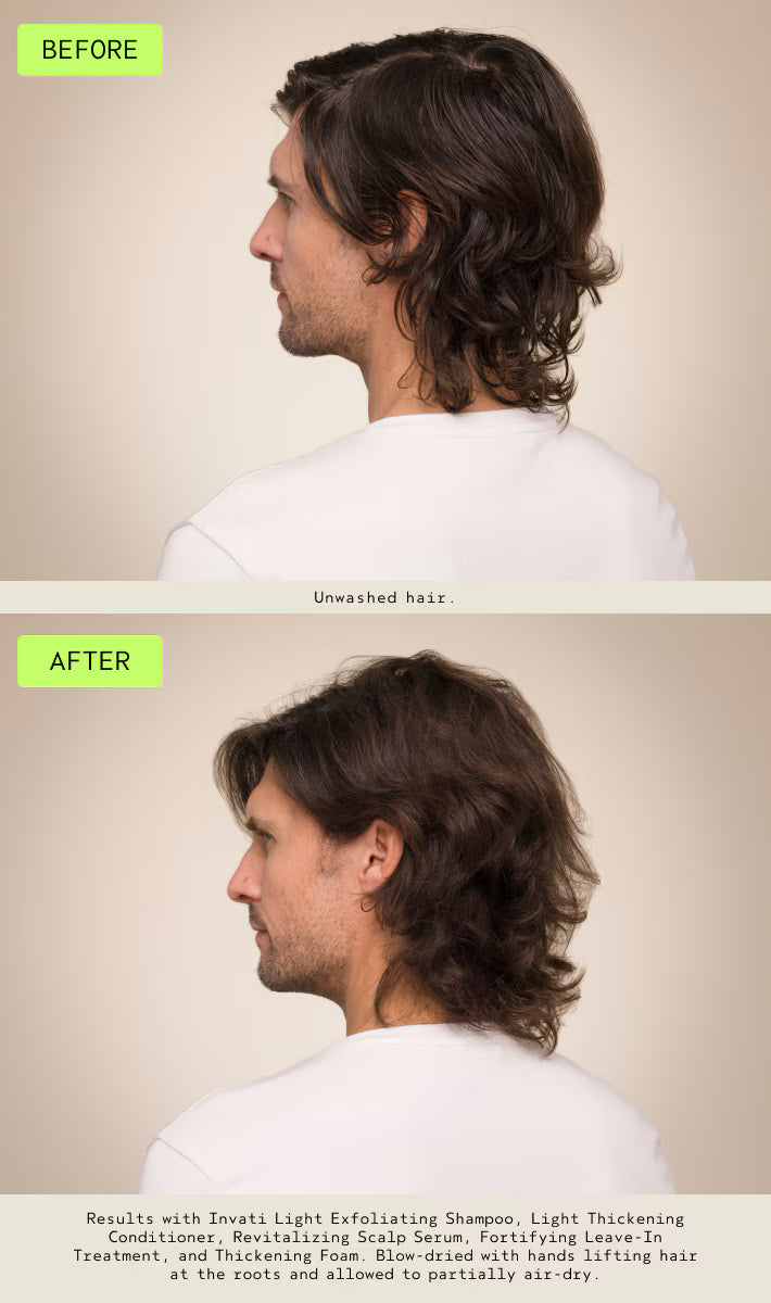 Before and after comparison of a person with unshaved hair, showing the effect of a hair treatment.