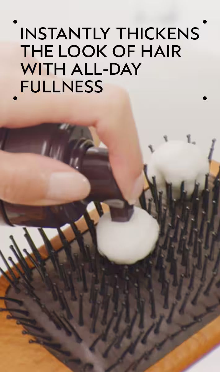 Hairbrush with white gel being applied, text indicating product benefits.