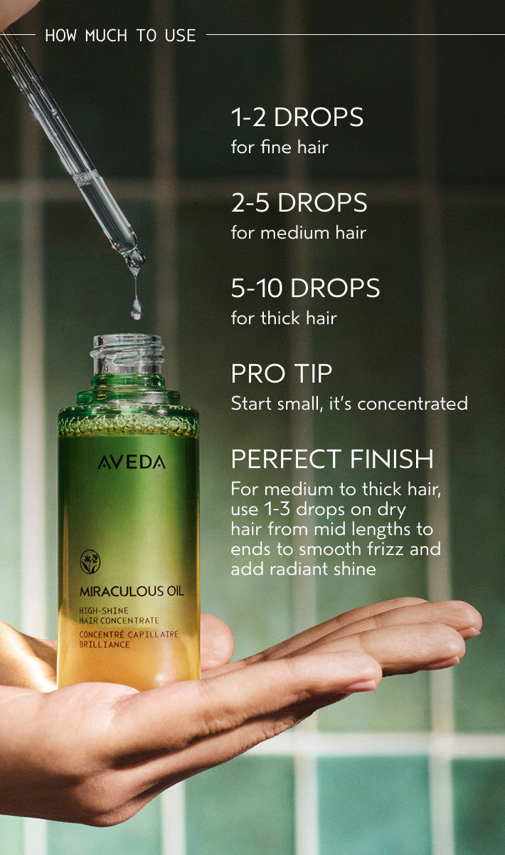 A hand holds an open bottle of Aveda Miraculous Oil while a glass dropper above dispenses liquid. White text on a dark green background explains how many drops to use for fine, medium, and thick hair.