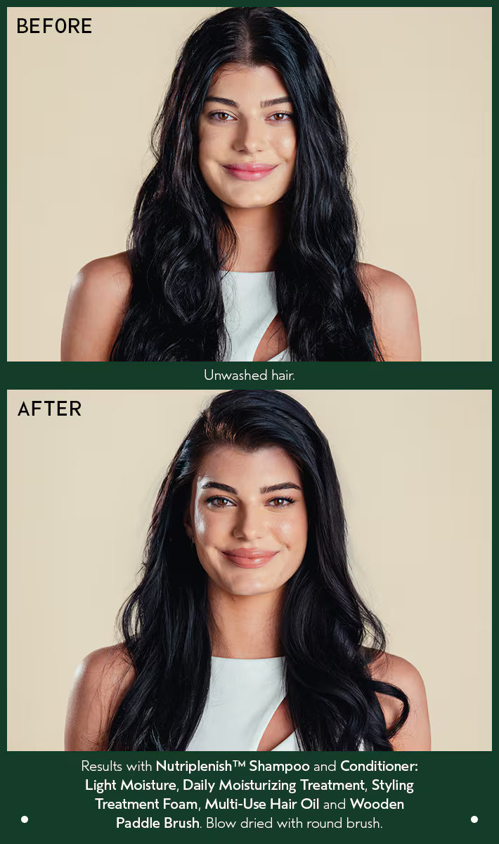 Before and after comparison of a woman with long hair, showing the effect of Nutriplenish shampoo and conditioner.