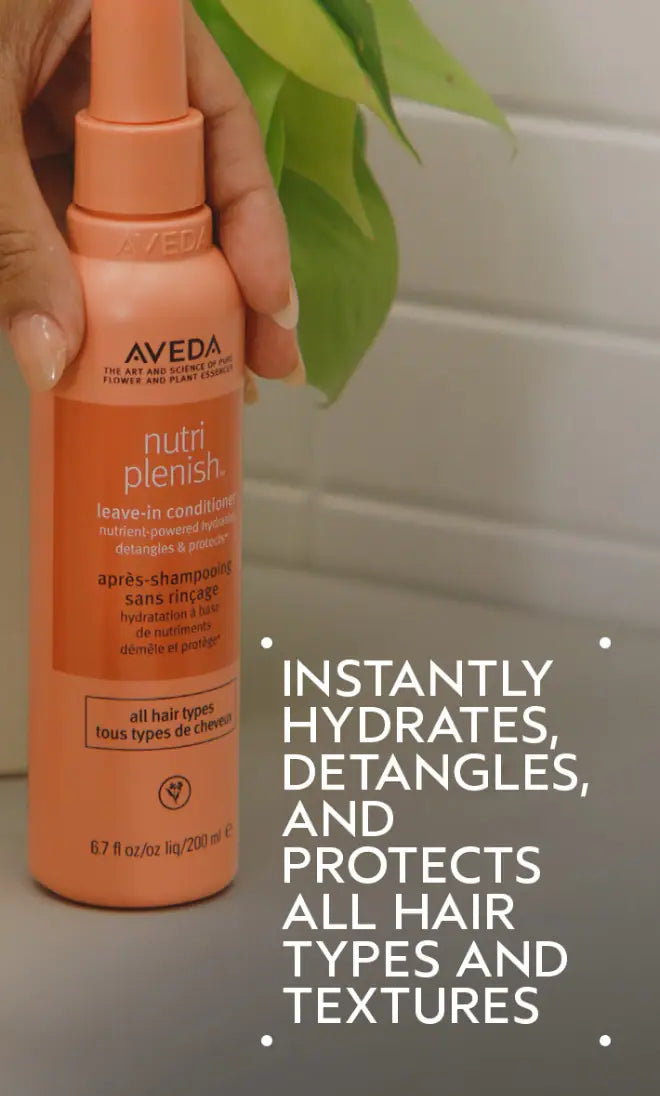 Aveda hair product with text about hydration, detangling, and protection.